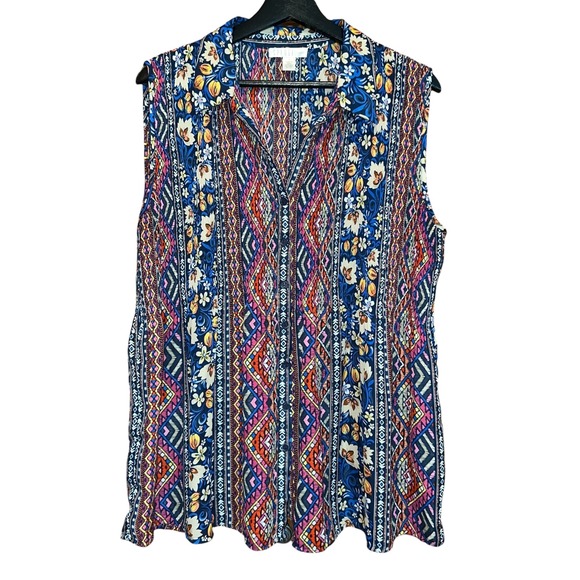 Spense Tops - SPENSE Woman Boho Floral Print Sleeveless Button Up Top‎ Blouse Size 1X